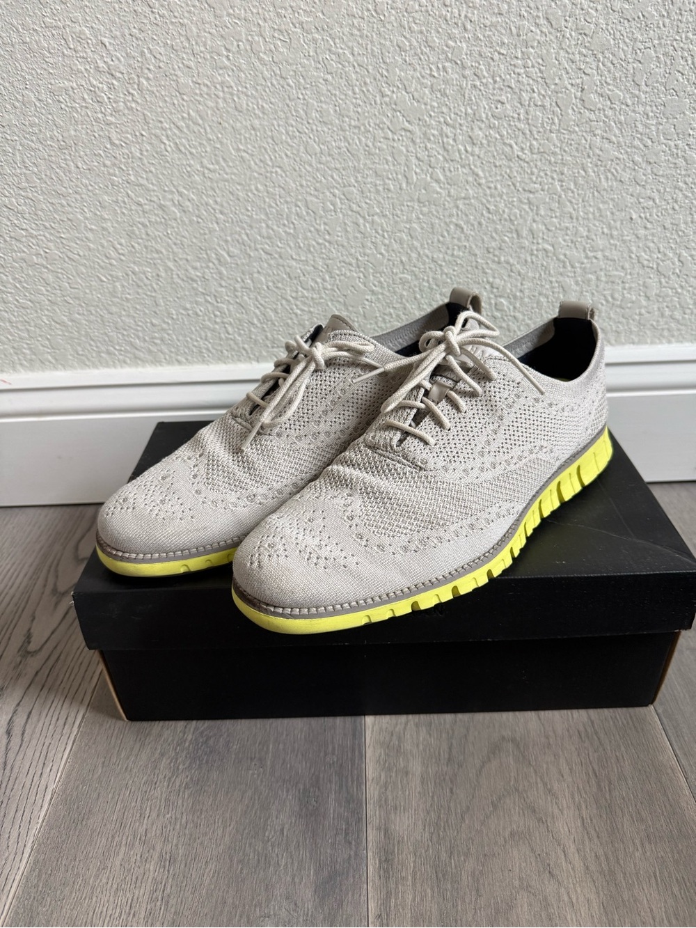 Cole Haan Light Gray Knit Oxfords with Yellow Sole